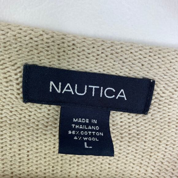 Nautica Y2K 9s Sweater Men Large Cream Striped Long Sleeve Wool Blend Crewneck - Picture 5 of 6